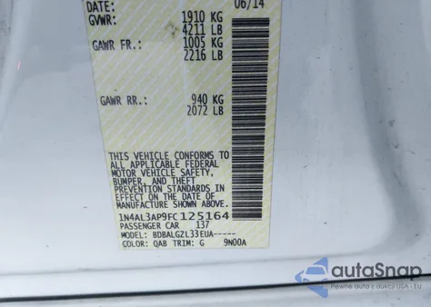 2015 Nissan Altima 2.5/2.5 S/2.5 Sl/2.5 Sv из США, поврежденный, VIN 1N4AL3AP9FC125164